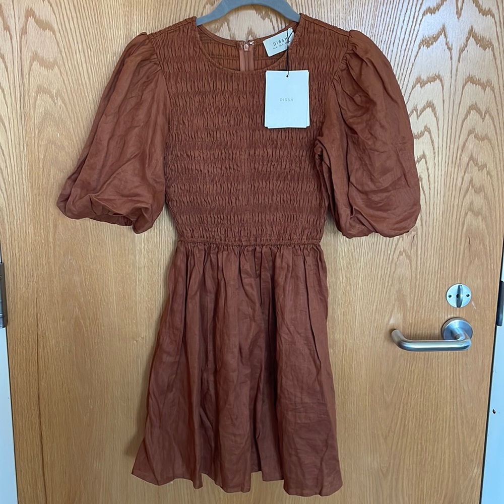 DISSH Rust Brown Puff Sleeve Mini Dress